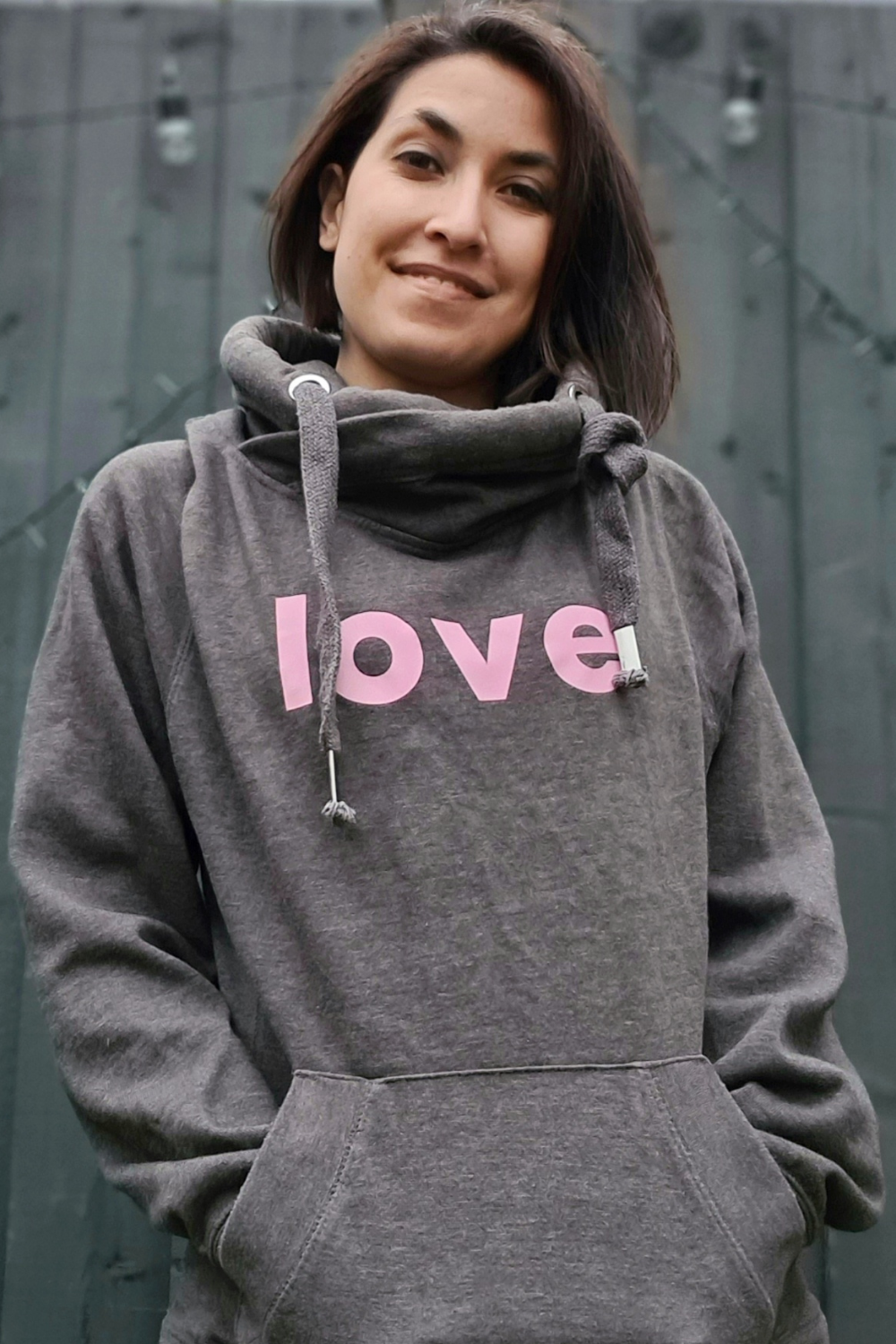 Pastel Pink Love Grey Cowl Neck Hoodie